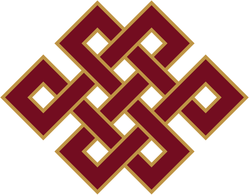 Silver Mongolian Ulzii endless knot design, interlaced geometric pattern with no beginning or end, on traditional blue background