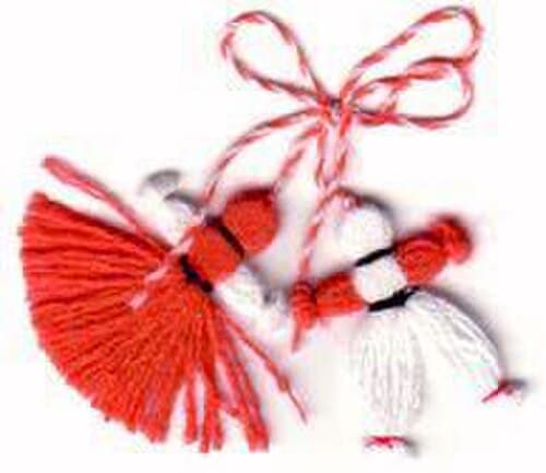 Bulgarian Martenitsa with Pizho and Penda red and white wool figures